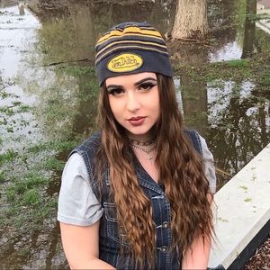 Von Dutch Accessories - Yellow grey & black stripped Von Dutch beanie hat Von Dutch Accessories - Yellow grey & black stripped Von Dutch beanie hat